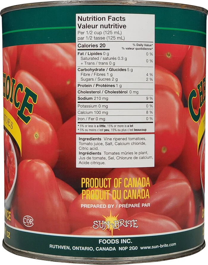 Original Chef's Choice diced tomatoes product label showing nutrition facts and ingredients
